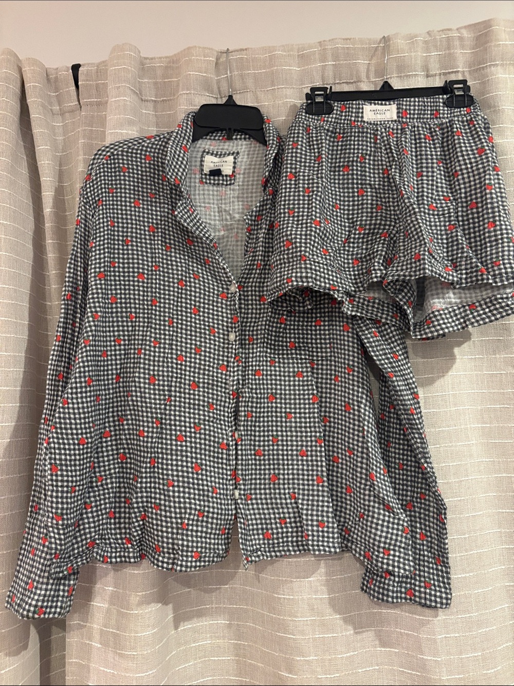 American Eagle Outfitters Black & White Pajama Set with Red strawberry Print